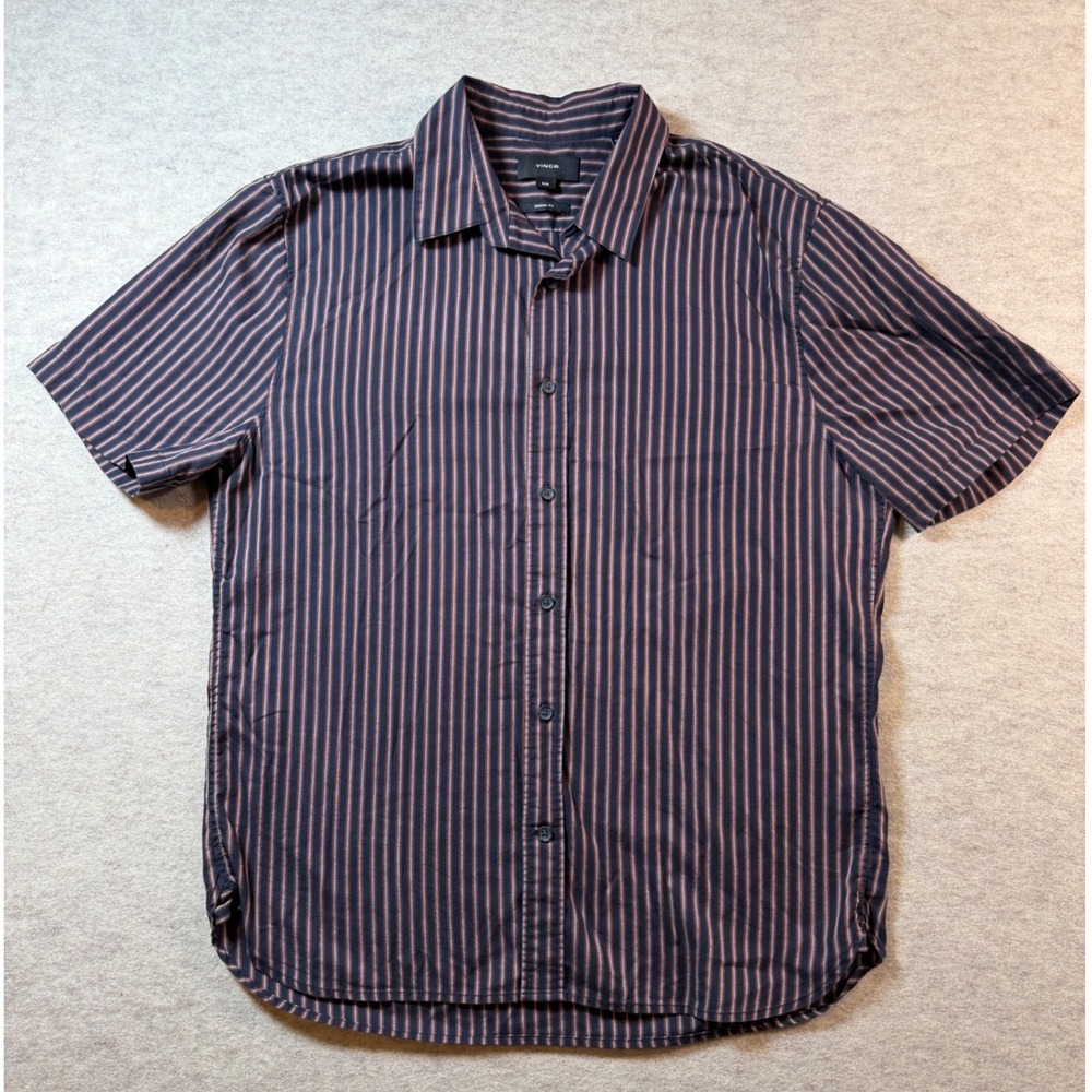 Vince Mens Classic Fit Short Sleeve Striped Button Down Shirt Navy Rust M